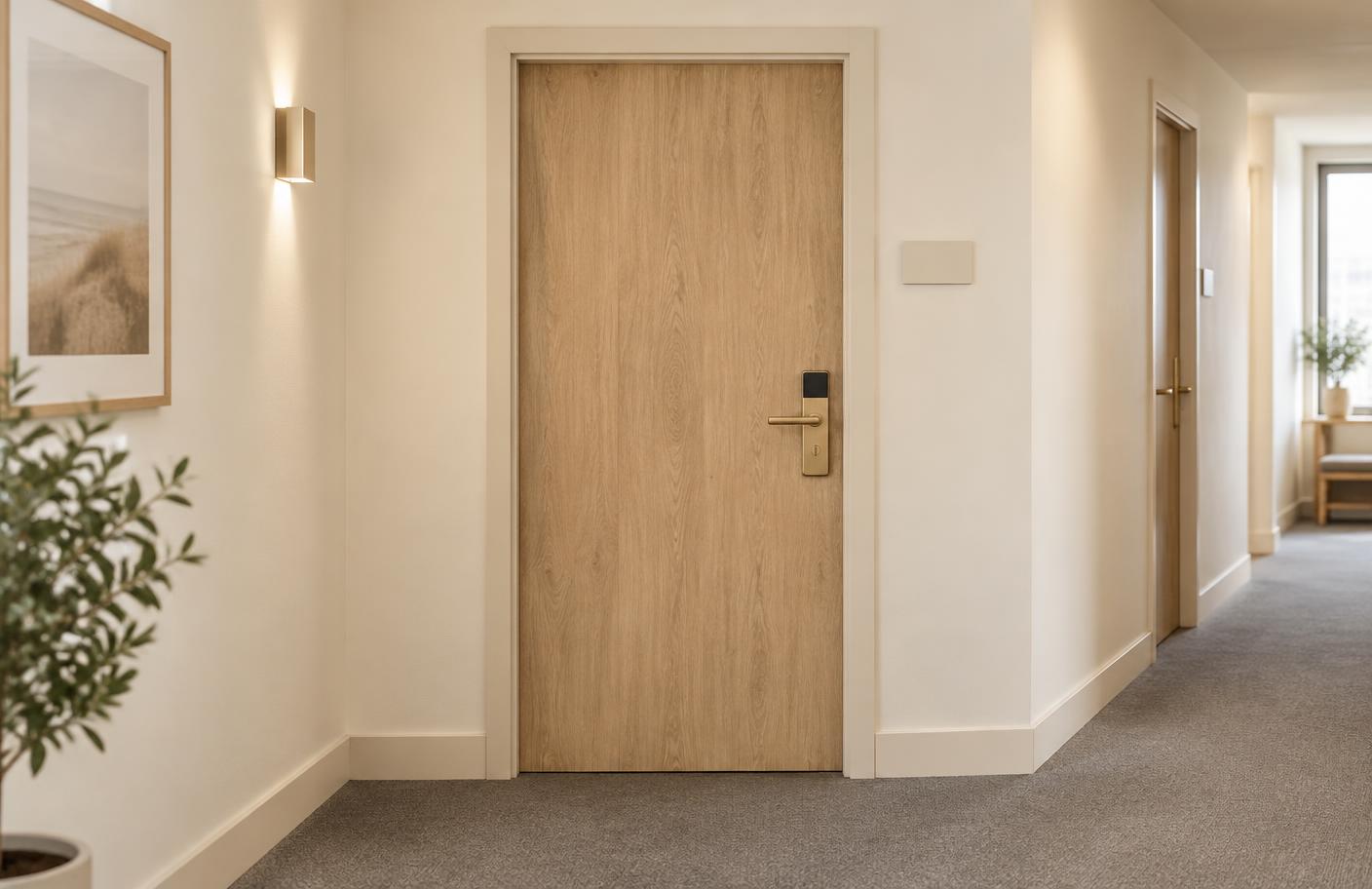 Samma hotellrumsdörr förnyad med ljust ekträ, efter foliering
