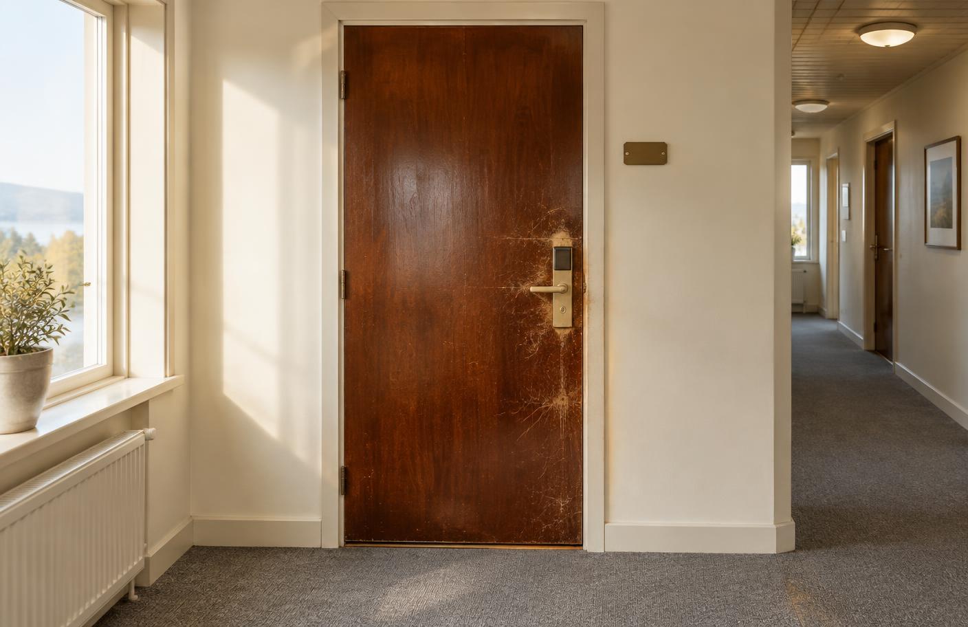 Nött hotellrumsdörr i mörk valnöt med repor, före foliering
